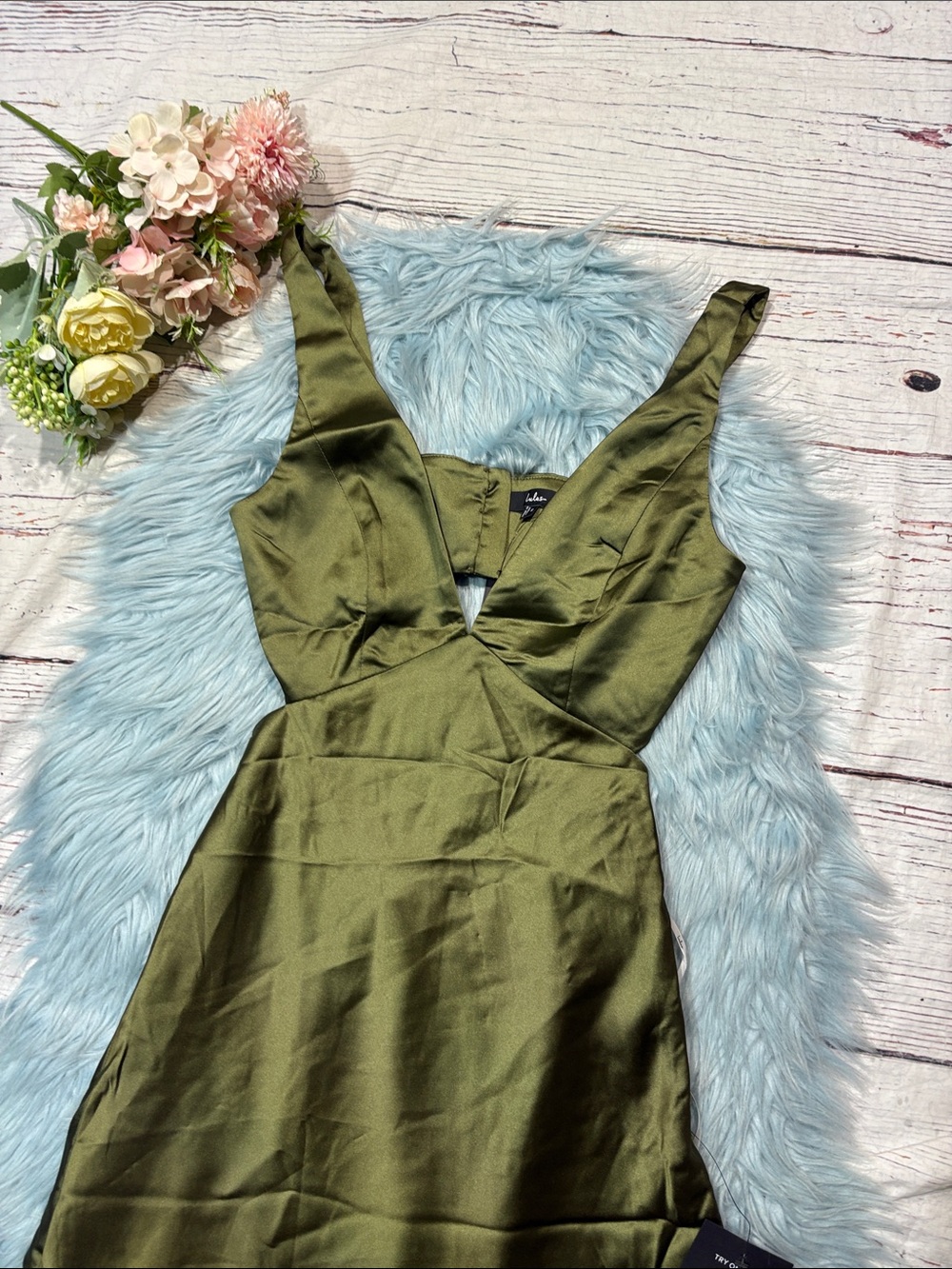 NWT Lulus Unmatched Elegance Olive Satin Sleeveless Midi Dress - Picture 5 of 9